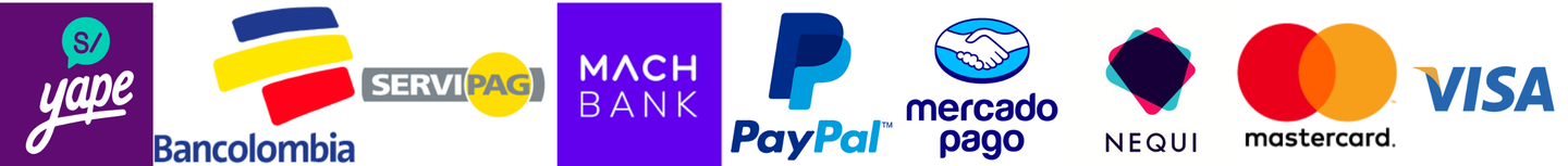 Yape, Bancolombia, Servipag, MACH Bank, PayPal, Mercado Pago, Nequi, Mastercard y Visa
