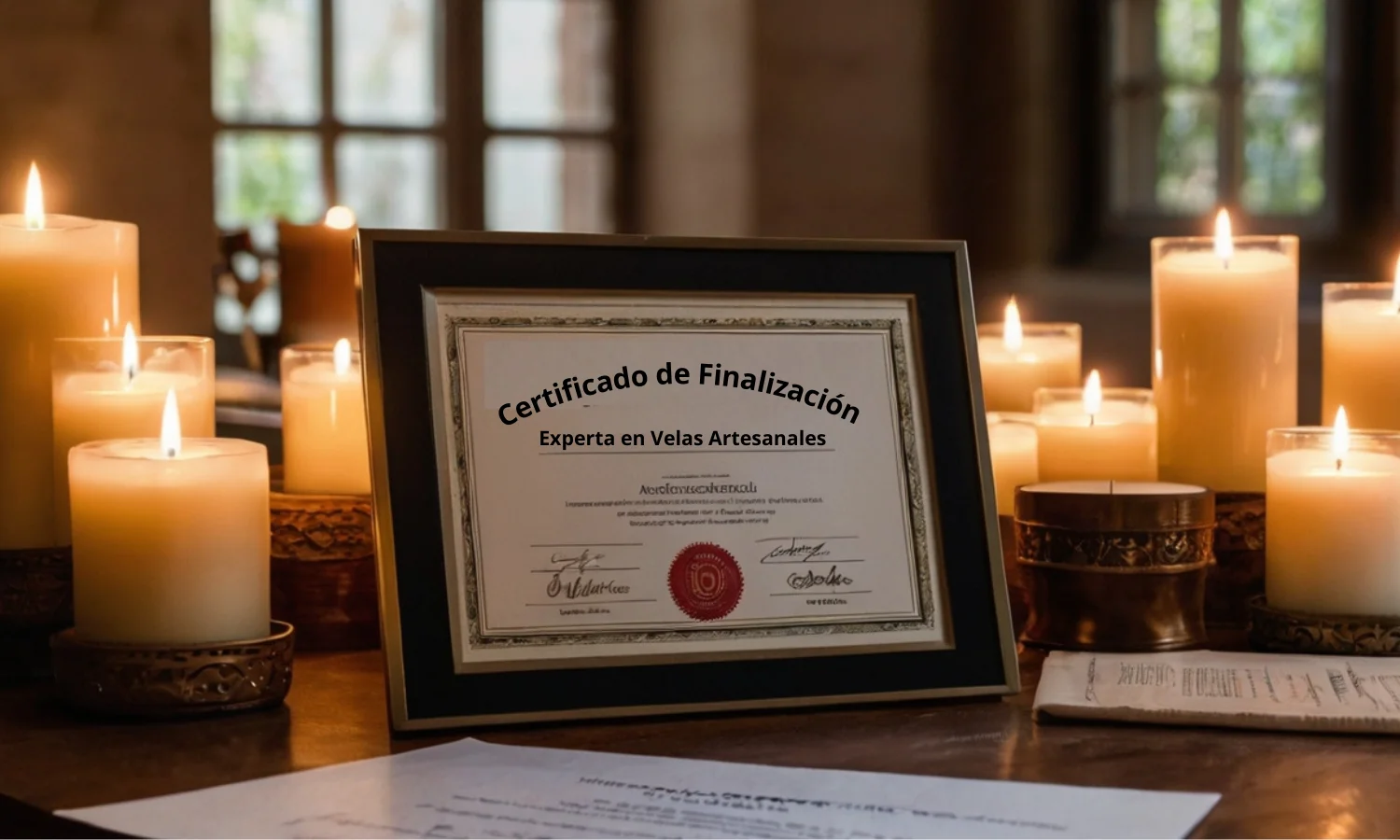 Certificado de finalización enmarcado junto a velas